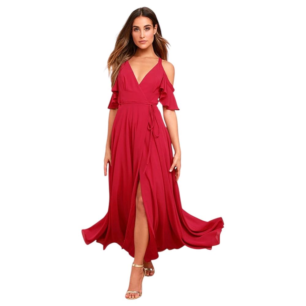New Lulus Womens Small Red Wrap Maxi Easy Listening Chiffon Fit Flare Wedding